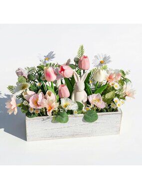 Easter Floral Arrangement: White Rabbit Figurine & Rustic Wooden Vase, Spring